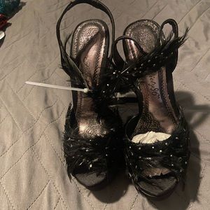 Black feather rhinestone heels